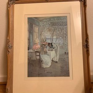 French Cafe Terrace Ocean Lake Landscape Wall Picture framed Art 21”x27”